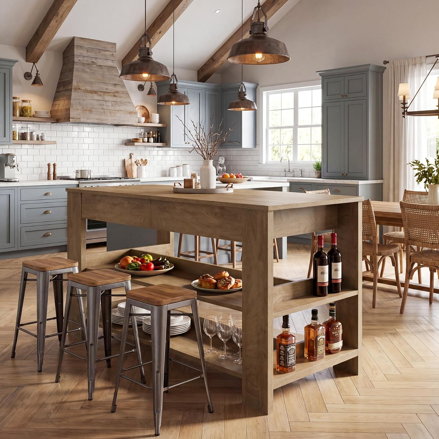 Tribesigns 55" Kitchen Island with Drawers, 2-Tier Farmhouse Wood Stationary Island Table with Storage and Open Shelf, Coffee Bar Table for Kitchen, Dining Room, Small Space, Brown