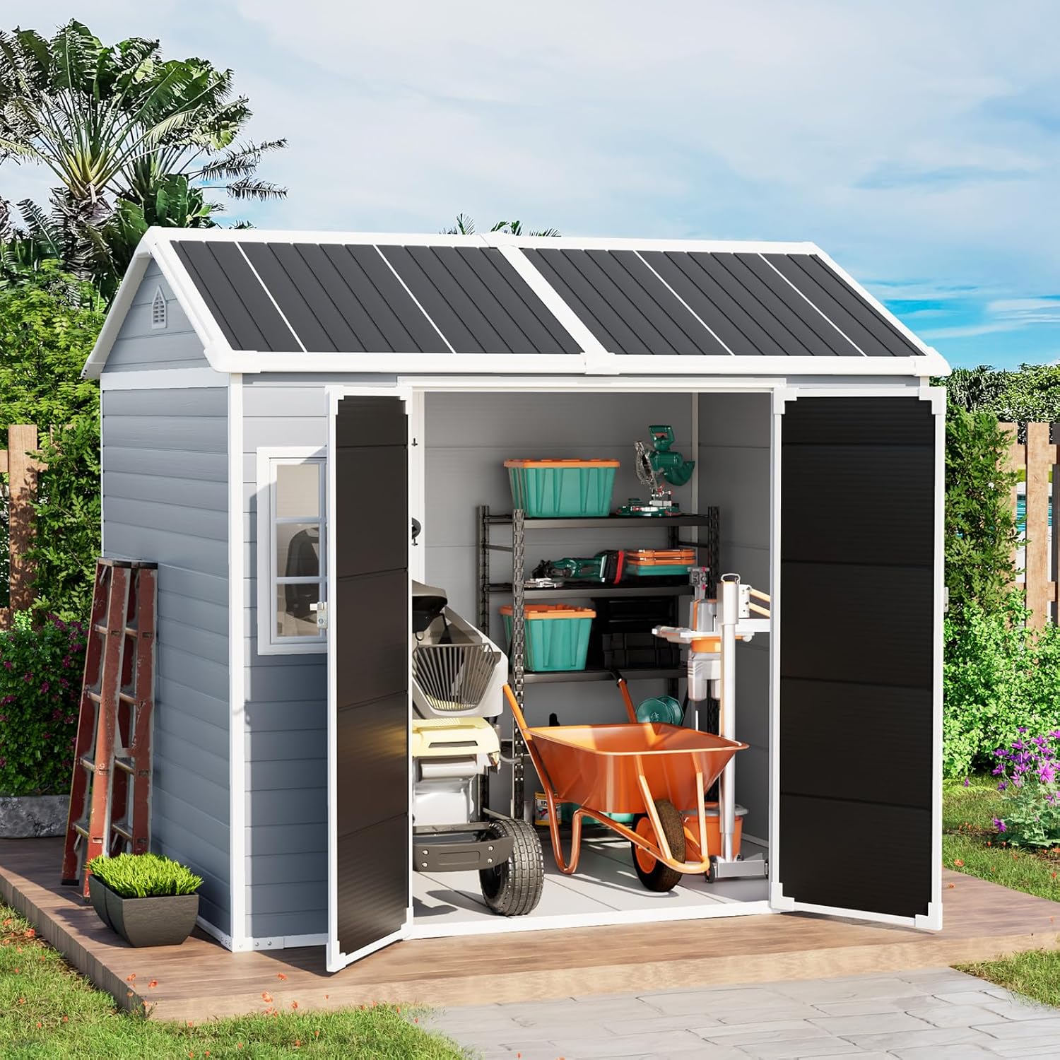 6x8 FT Plastic Storage Sheds Outdoor with Floor and Openable Window, Utility All-Weather Resin Shed Easy to Install, Large Sheds & Outdoor Storage/Tool Shed for Garden & Backyard, Gray