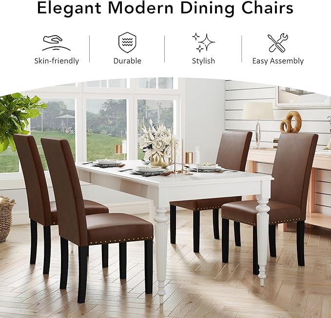 LSSPAID Dining Chairs Set of 2, PU Leather Upholstered Dining Room Chairs with Nailhead Trim and Solid Wood Legs for Home and Kitchen, Brown