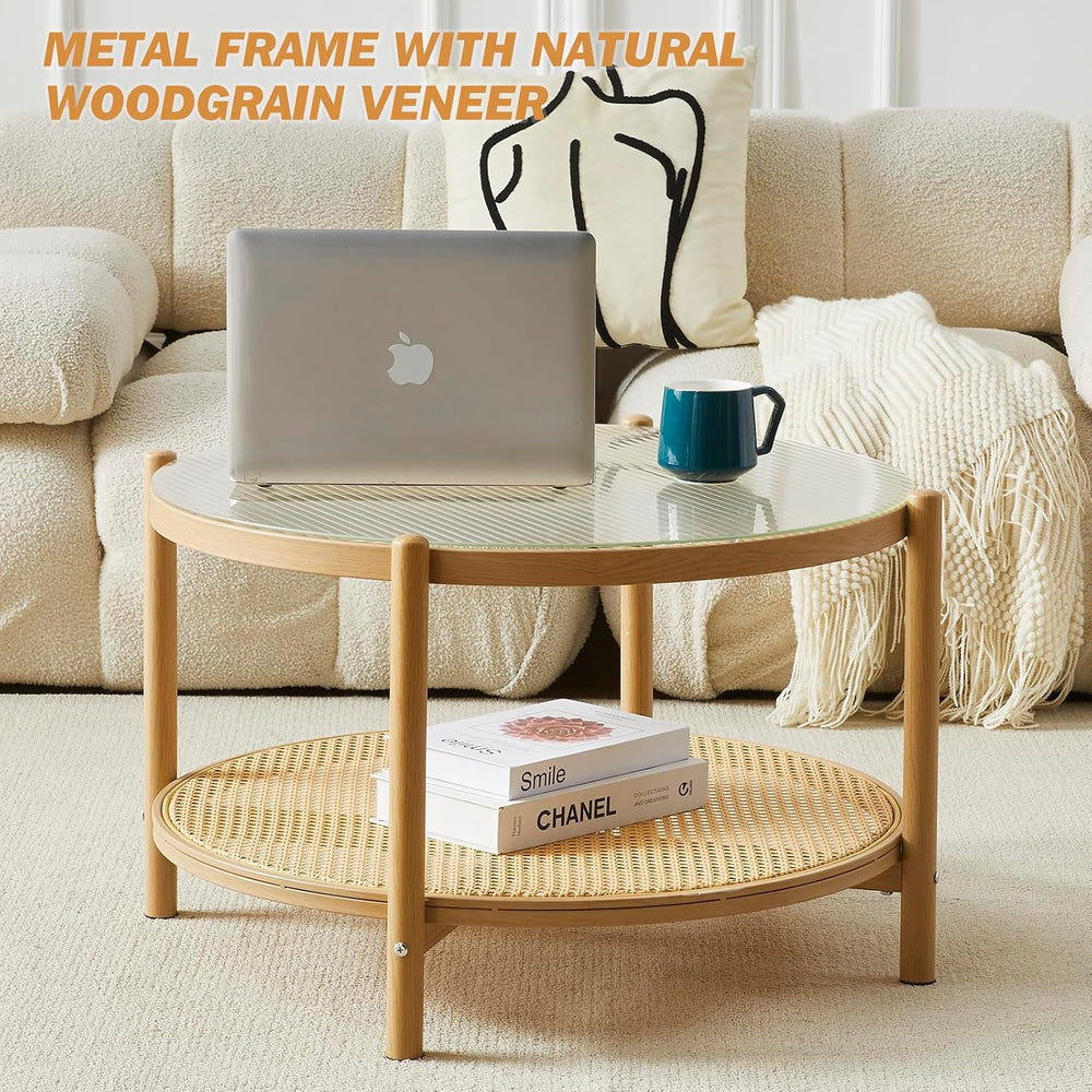 Boho Rattan Coffee Table Set of 2, Round Glass Living Room Table Set | Temper...