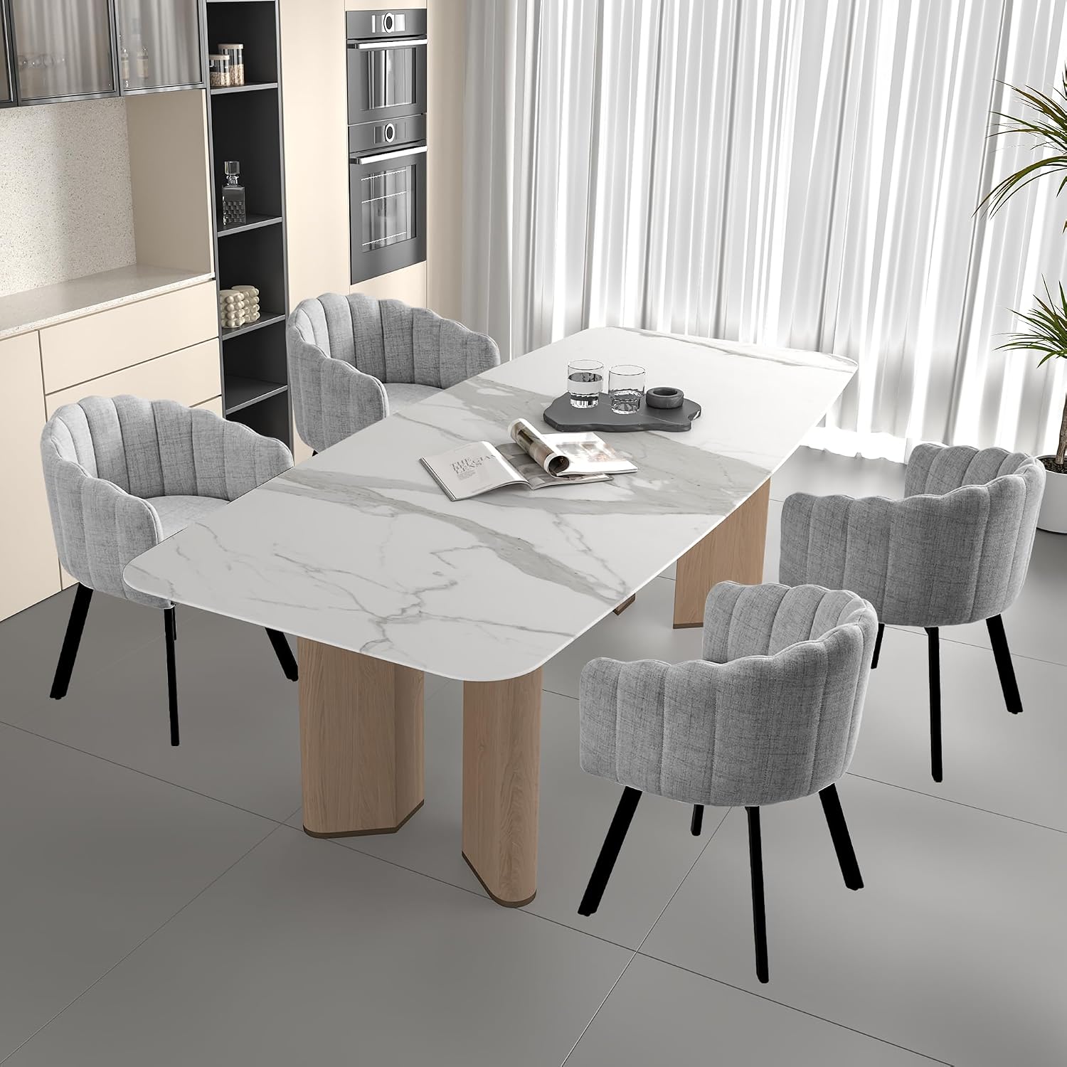 Swivel Dining Chairs Set of 2: Comfy Fabric Upholstered Metal Modern Accent Kitchen Chair with Arms & Back Black & Gray