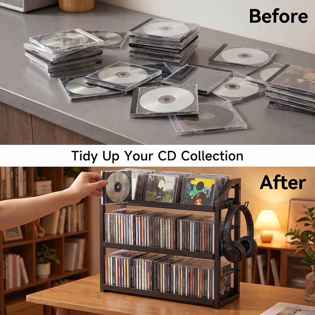 3-Tier CD Holder, Sturdy Steel CD Storage Rack for Display, Holds 125 CDs | Versatile CD Organizer with Top Display Shelf, Reversible Trays, Headphone Hook for Home Office Gaming Room Kitchen Counter