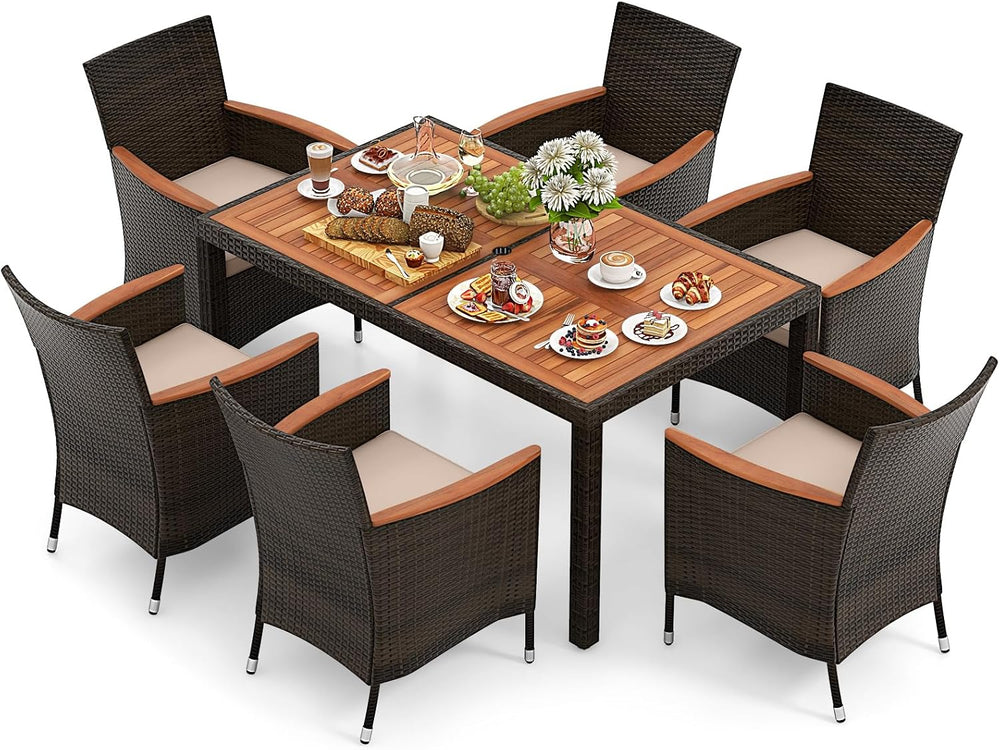 Tangkula 7 Pieces Outdoor Wicker Dining Set, Patio Dining Furniture Set with ...