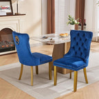 Velvet Dining Chairs Set of 2, Modern Tufted Dining Room Chair, Upholstered Dining Chairs with Lion Head Pulls Ring and Golden Solid Wood Legs, Luxury Kitchen Chairs for Dining Room, Blue