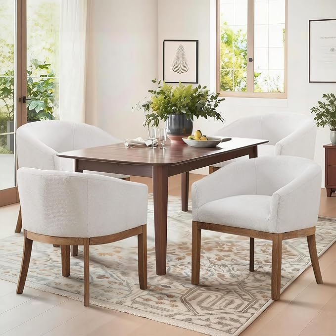 SoarFlash Mid Century Modern Upholstered Barrel Dining Chairs Set of 4, Farmhouse Linen Kitchen and Dining Room Chairs, with Natural Hardwood Frame (Beige)