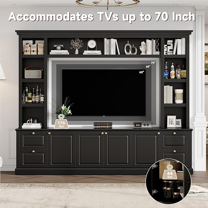 Marzzi Wall Unit TV Stand TVs up to 70", Modern Entertainment Center with 6 Doors Storage Cabinets, Bridge and Bookshelves, Large Media Console, Adjustable Shelves, Painted Finish