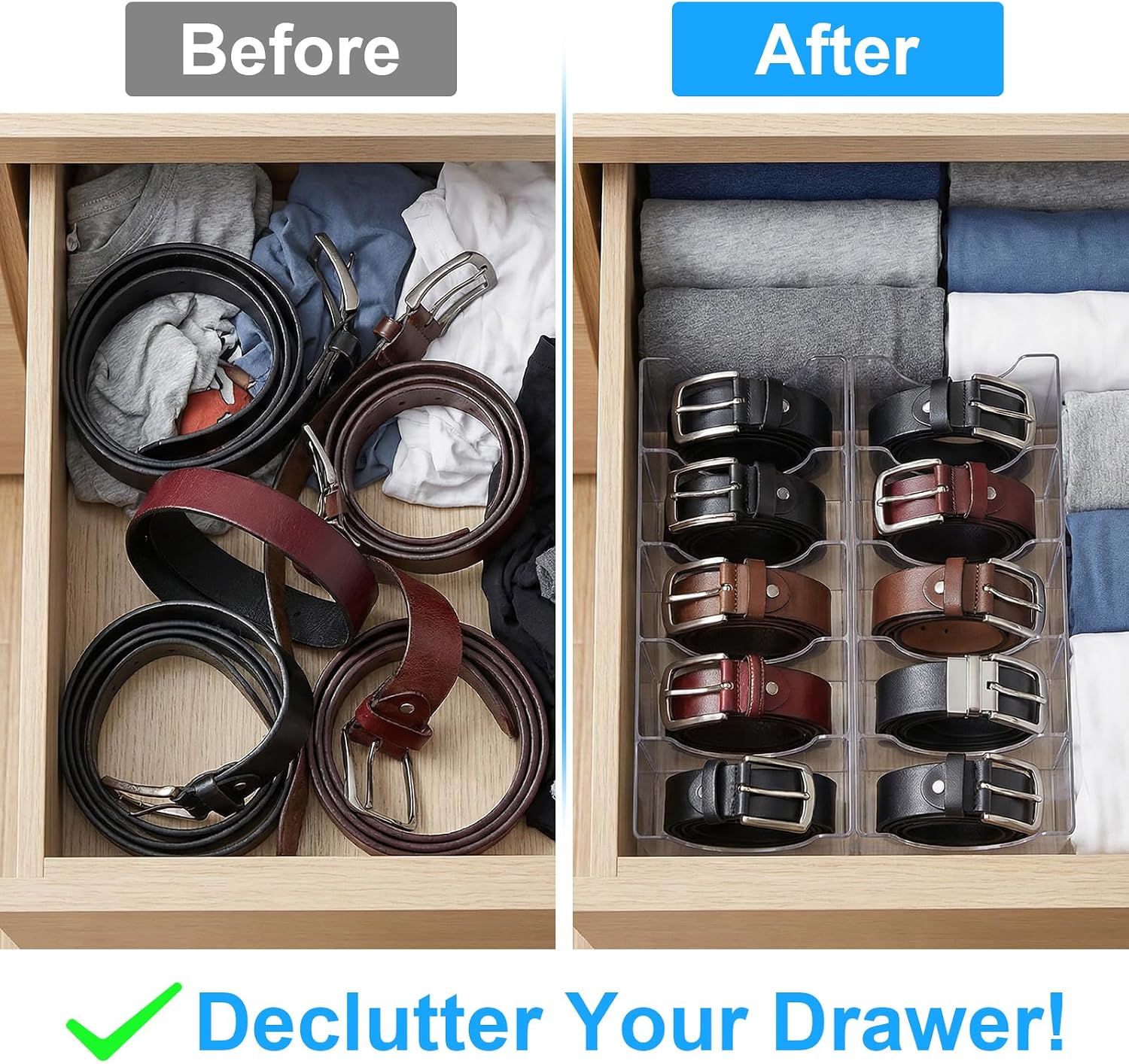 Kifmurase 2PCS Belts Organizer Acrylic Belt Storage Holder Purse Organizer for Closet with Removable Dividers, 5 Compartments Clear Belt Drawer Display and Storage Case for Ties Socks Underwear