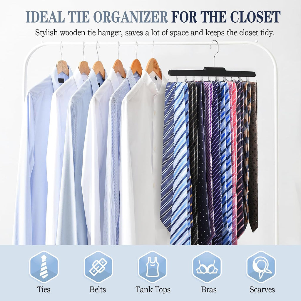 Tie Rack Hanger for Closet Fitnice Upgraded Non Slip Tie Holder Organizer Space Saving with 20 Foldable Hooks Wooden Belt Hanger for Tank Tops Bras Cami Scarves,Black