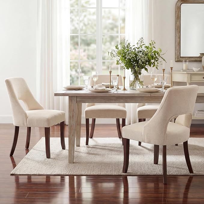 UVV Wooden Dining Chairs Set of 2, Mid Century Modern Fabric Upholstered Dining Room Chair Kitchen Chairs, Farmhouse Dinner Chair with Solid Wood Legs for Kitchen Dining Room, Beige