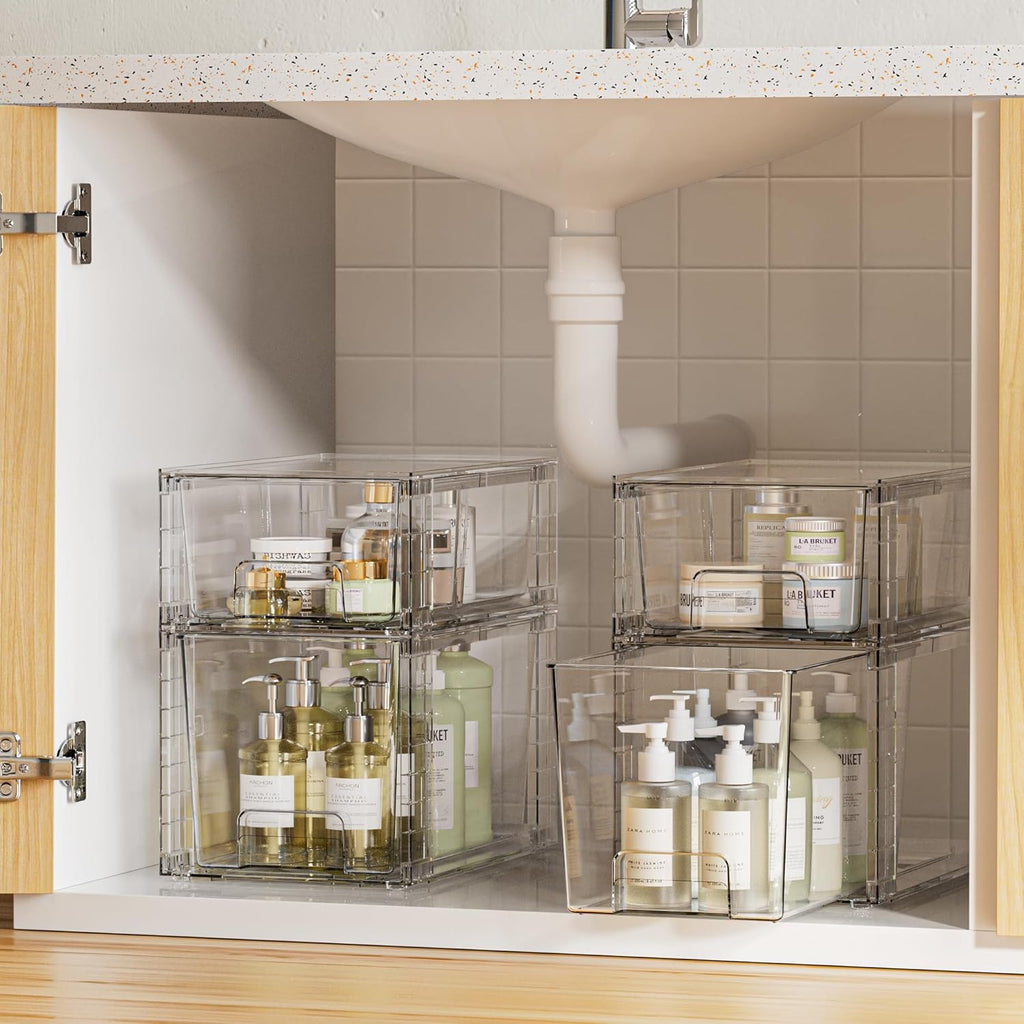 Vtopmart 4 Pack Clear Stackable Storage Drawers,Easy to Assemble Bathroom Organizers and Storage with handles,Plastic Drawers for Kitchen Pantry,Cabinet,Under Sink Organization