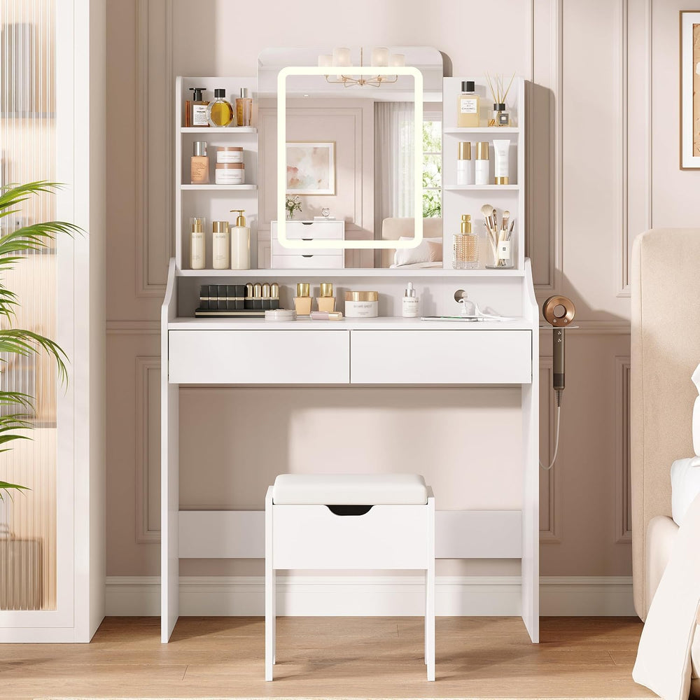 Vabches Vanity Desk with Mirror and Lights, Vanity with Lighted Mirror | Whit...