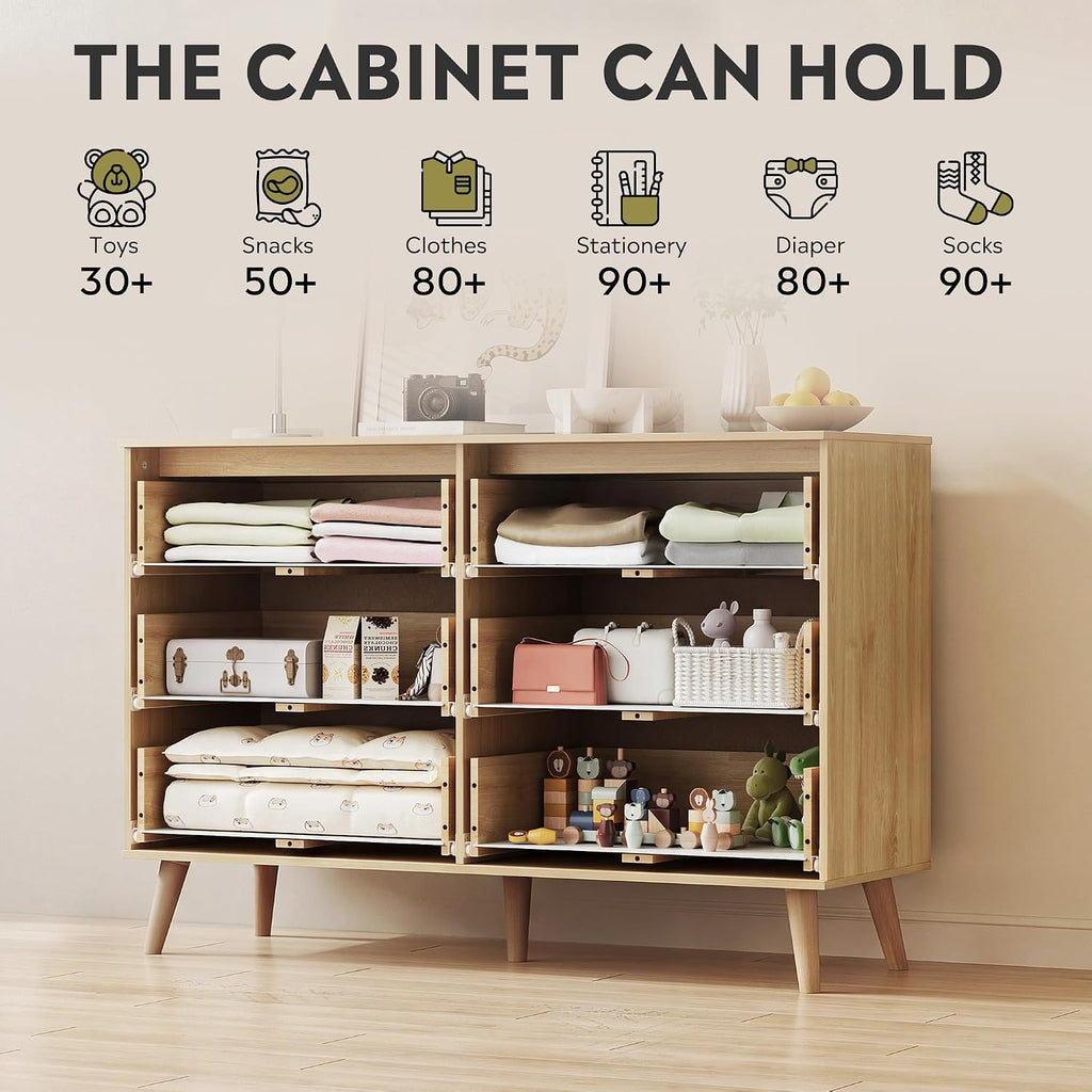 6-Drawer Rattan TV Stand | Boho Wood TV Console Fits Up to 55-inch TV for Living Room，Oak