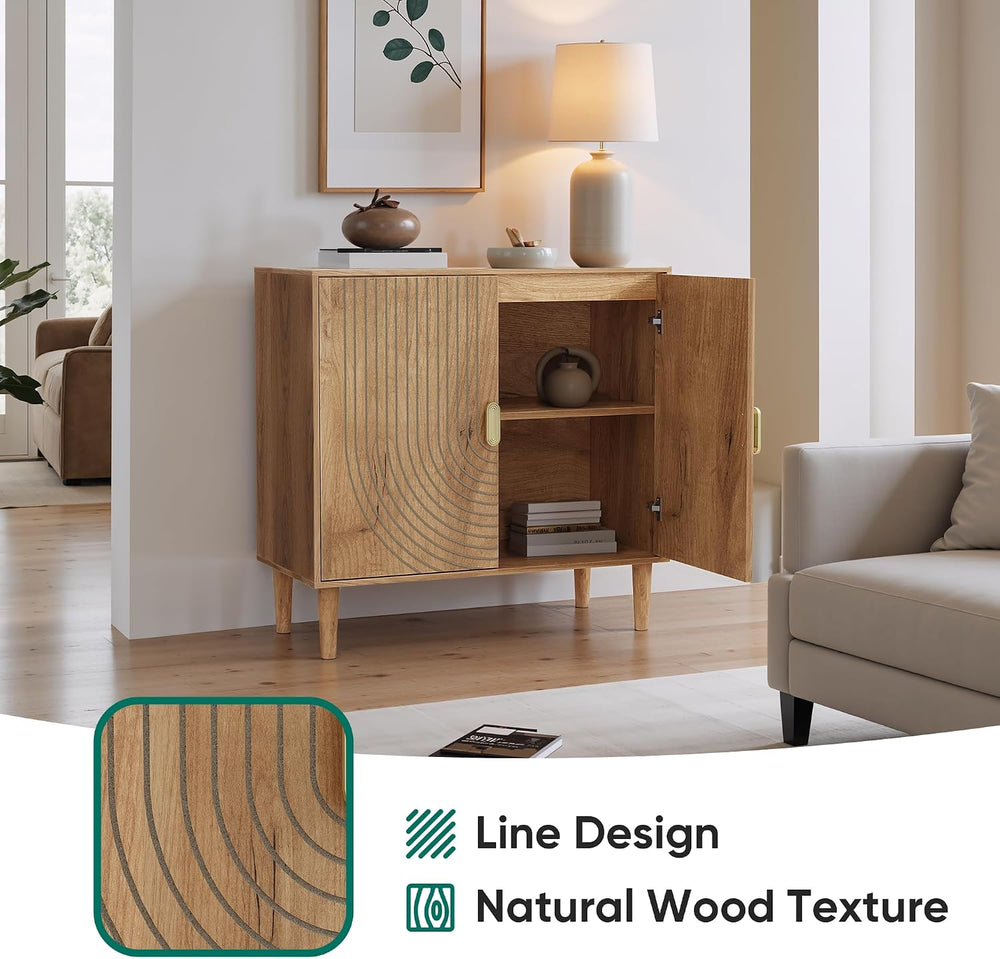 Smuxee Oak Sideboard Cabinet, Freestanding Buffet Cabinet with Line Groove De...