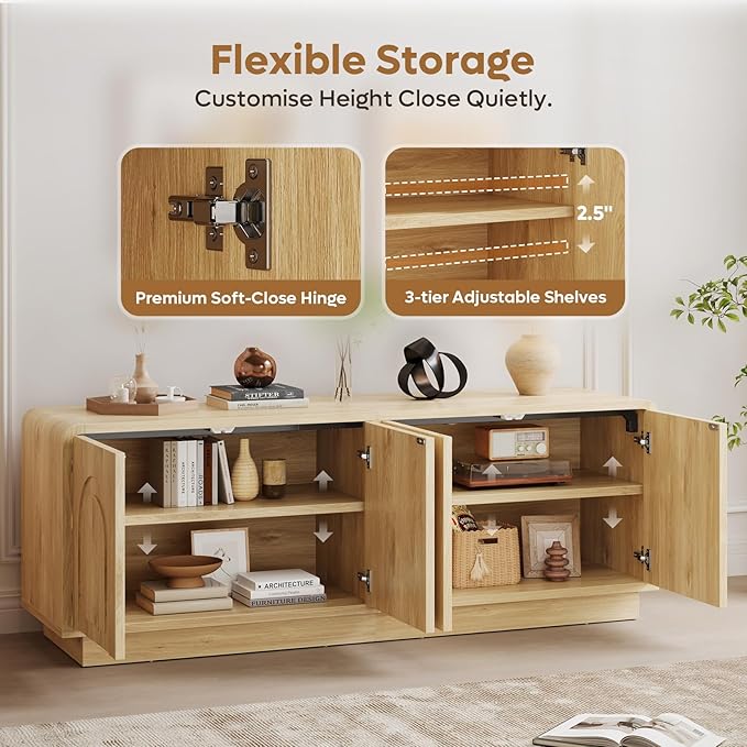 Bestier 63" Mid Century Modern TV Stand for Living Room, Wood Media Console Cabinet for TVs up to 70", Entertainment Center with 4 Arched Doors, Hidden Storage & Adjustable Shelves, Natural Oak