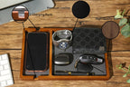 Shinpuru Wooden Valet Tray for Men, Nightstand Organizer with Leather Inlay, EDC Essentials Catchall Tray for Keys, Phone, Wallet, Watch, Earbuds - Bedside Desk Entryway Tray (Wood-Phone)