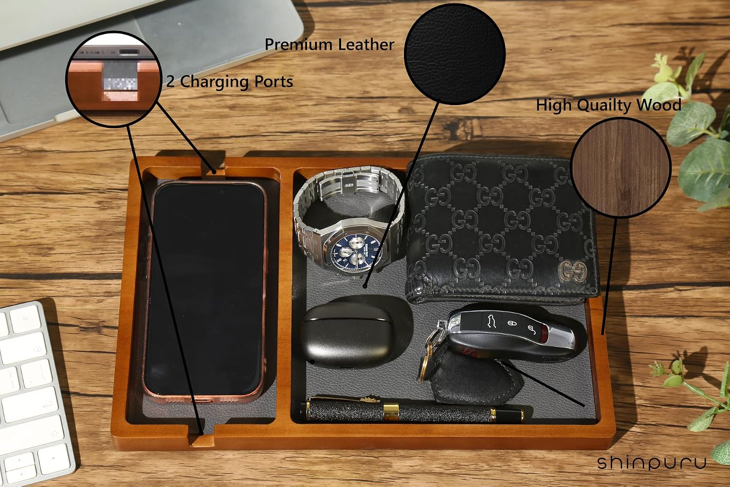 Shinpuru Wooden Valet Tray for Men, Nightstand Organizer with Leather Inlay, EDC Essentials Catchall Tray for Keys, Phone, Wallet, Watch, Earbuds - Bedside Desk Entryway Tray (Wood-Phone)