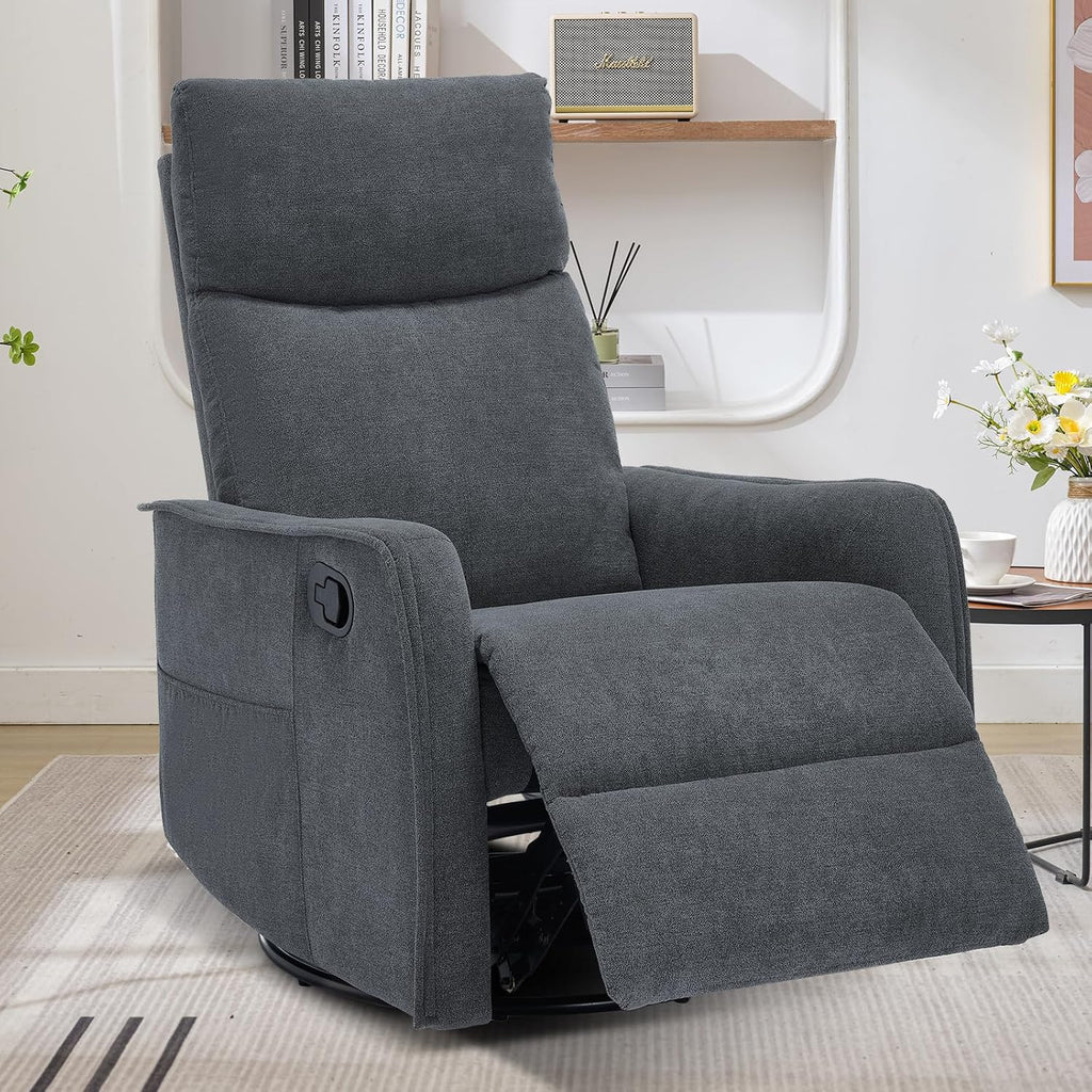 Trustyue Swivel Rocker Recliner Chair, 360° Swivel Recliner with Heat and Massage, Rocker Recliner Nursery Glider Chair with Side Pockets for Living Room (Grey, Fabric)