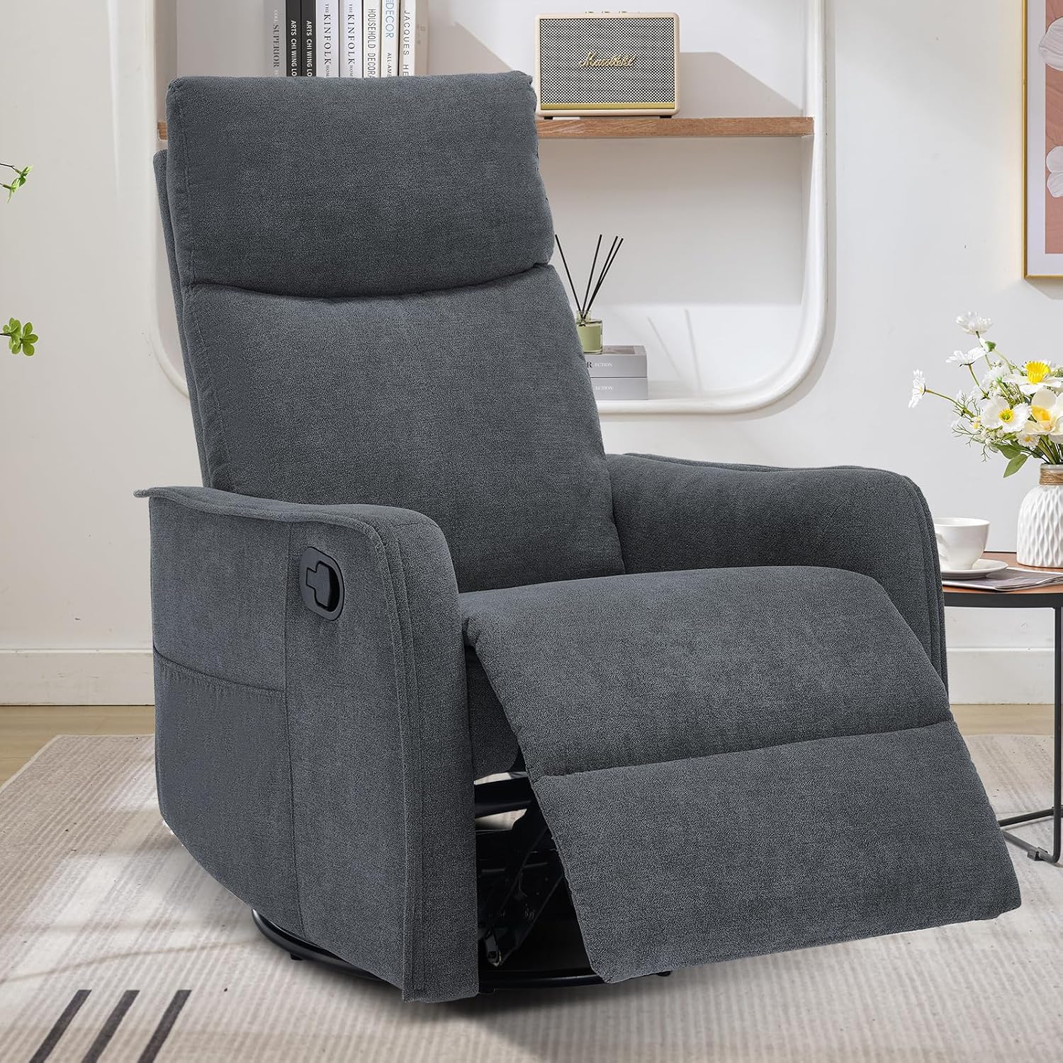 Trustyue Swivel Rocker Recliner Chair, 360° Swivel Recliner with Heat and Massage, Rocker Recliner Nursery Glider Chair with Side Pockets for Living Room (Grey, Fabric)