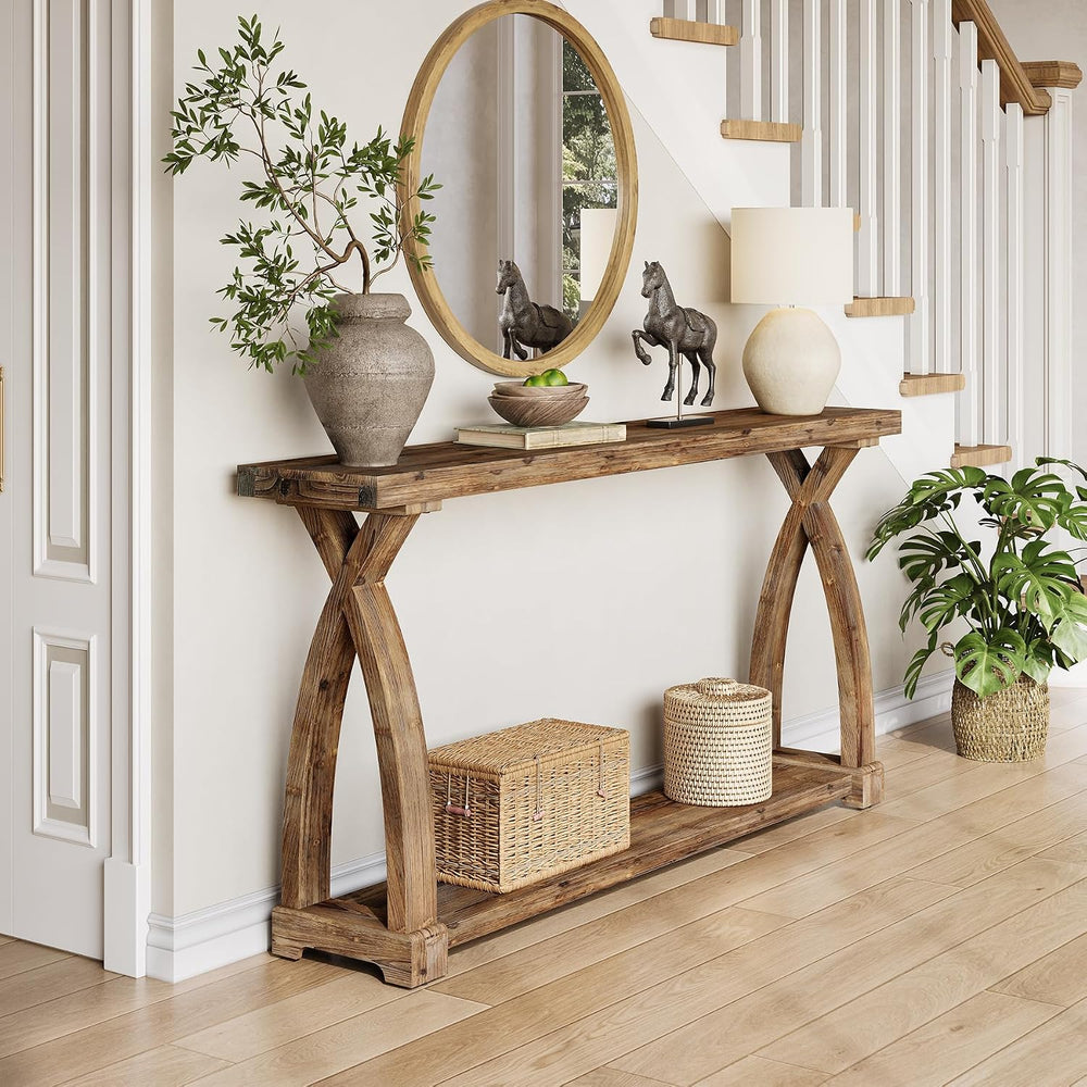 Solid Wood Console Table for Entryway, 63-Inch Narrow Farmhouse Couch Table B...