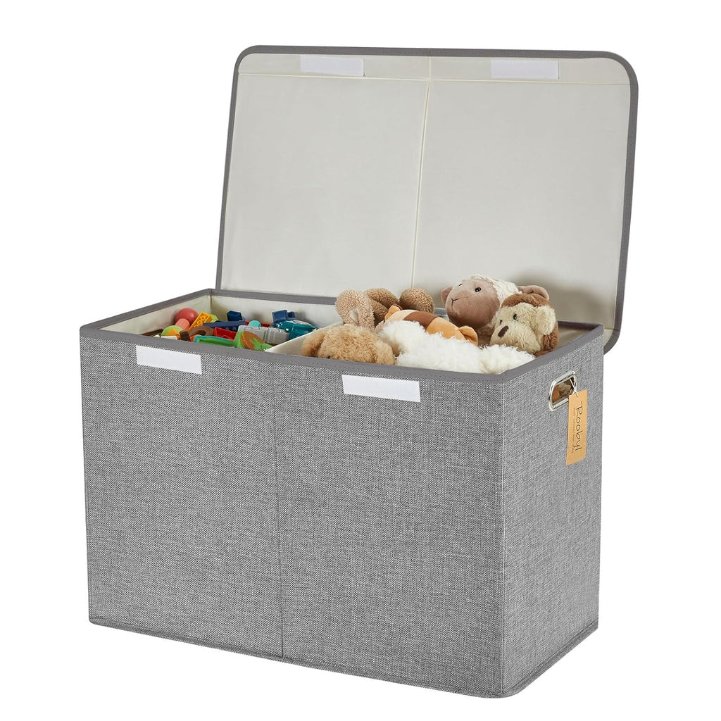 Large Toy Box with Flip-Top Lid, Collapsible Storage Organizer Bins with Dividers and Handles, Kids Bin Chest Baskets for Toys, Playroom Organizers, Nursery 25"x13" x16" (Gray)