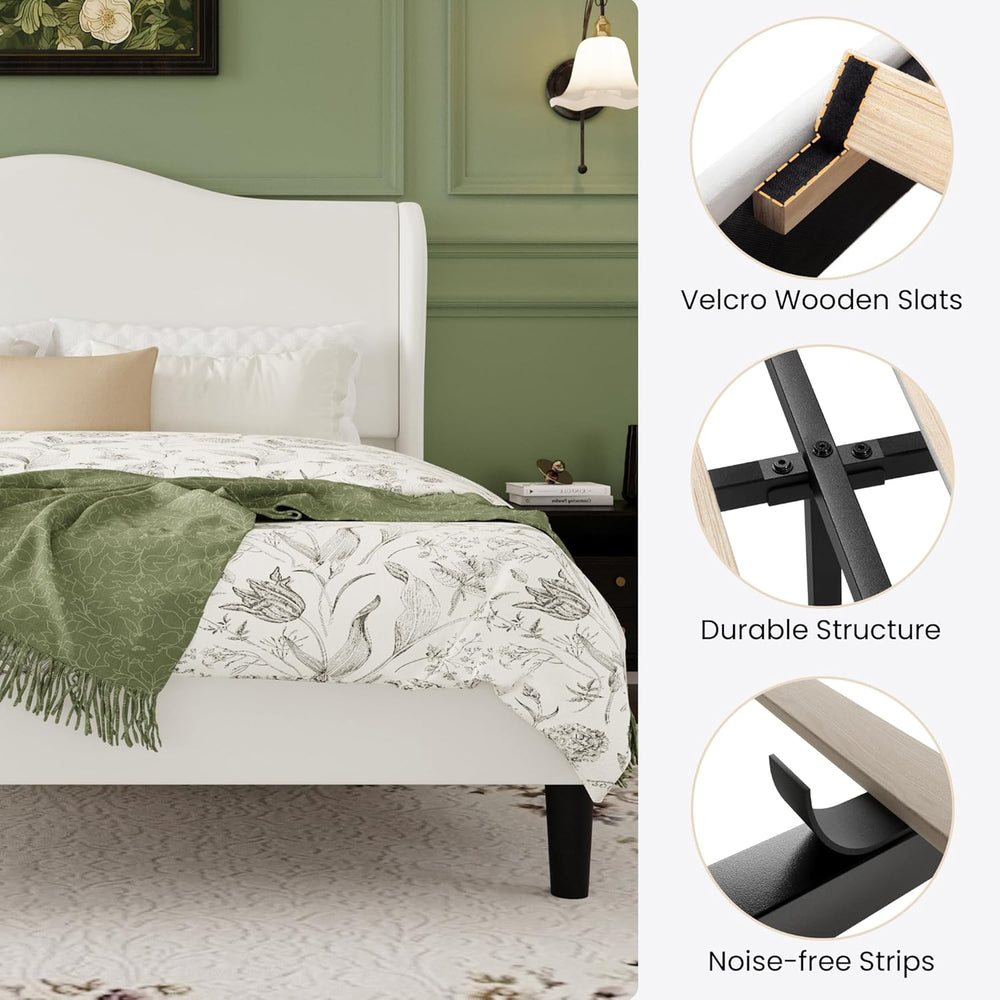 SHA CERLIN Full Size Bed Frame with Curved Wingback Headboard,Soft White