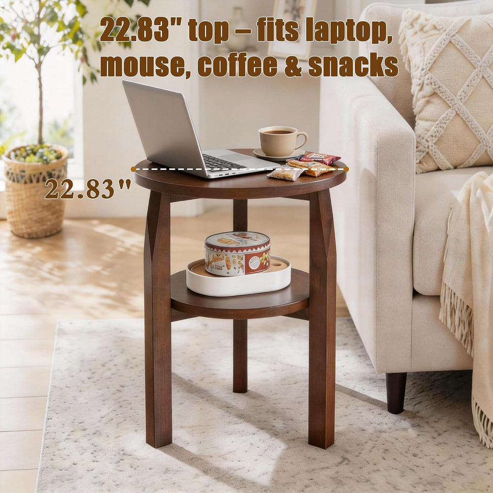 Round End Table, Solid Rubberwood 2-Tier Side Table with Open Storage Shelf, ...