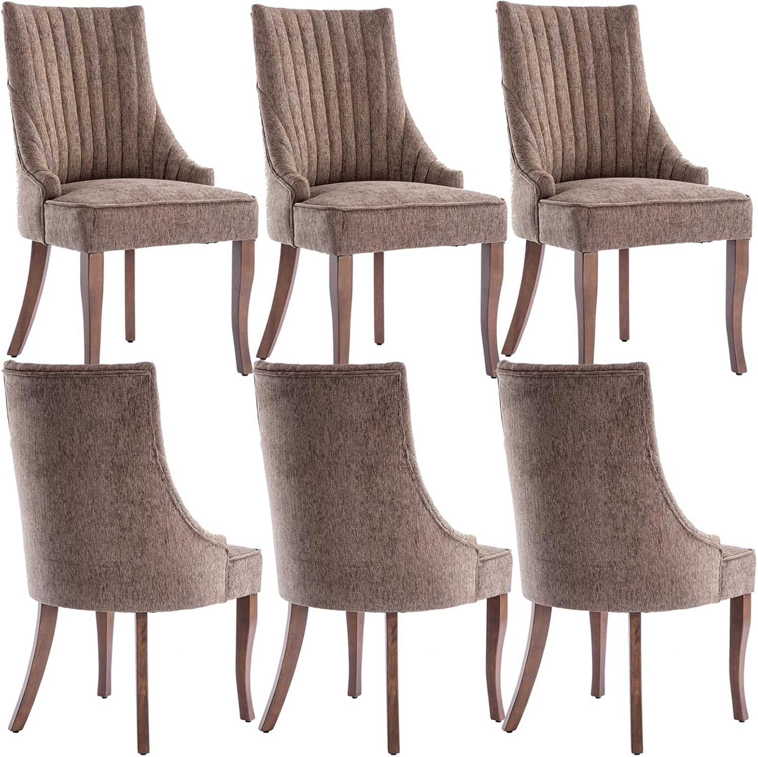 mikibama Linen Brown Dining Chairs Set of 6 Channel Tufted Kitchen Dinner Chair Comfy Fabric Upholstered Accent Chair for Dining Room with Solid Wood Legs