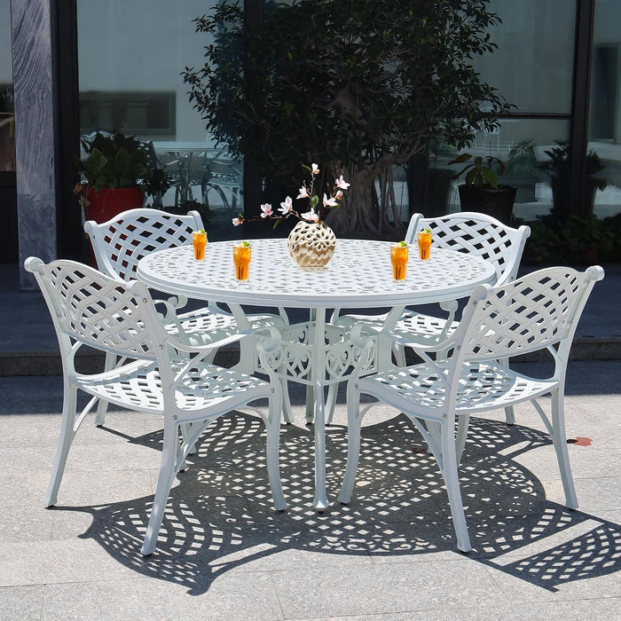 Patio Dinning Set Weather Resistant Cast Aluminum Patio Furniture Set with Umbrella Hole, Bistro Dining Set for Garden (48" x 48" Table B and 4 Chairs White, 5 Pieces)