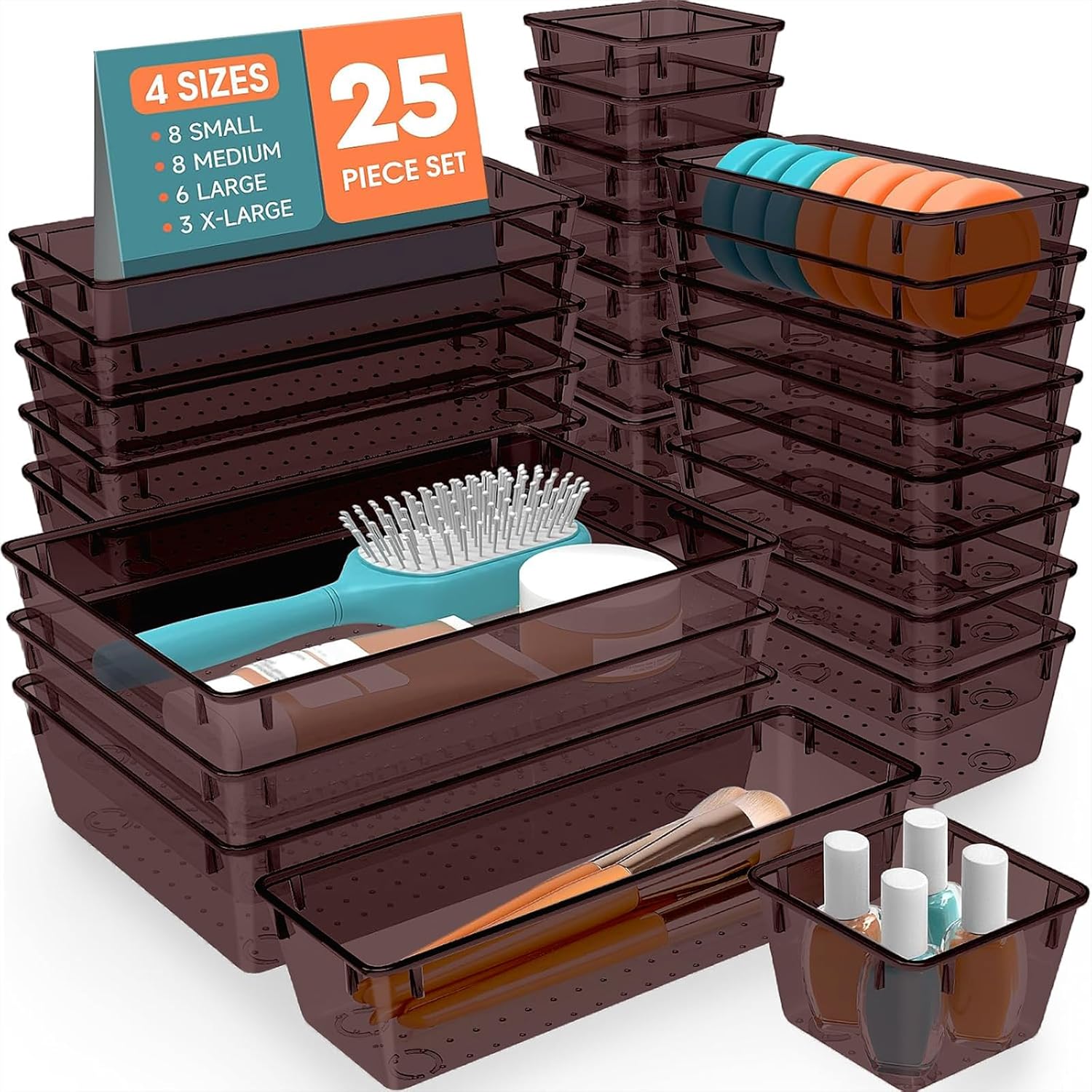 25 PCS Plastic Drawer Organizer Set, 4-Size Versatile Organizer Trays & storage Bins for Makeup, Jewelry, and Gadgets in Bathroom, Bedroom and Office,Brown