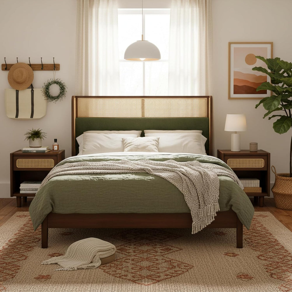 Merax Classic Retro Queen Platform Bed with Rattan Headboard, Wood Bed Frame ...