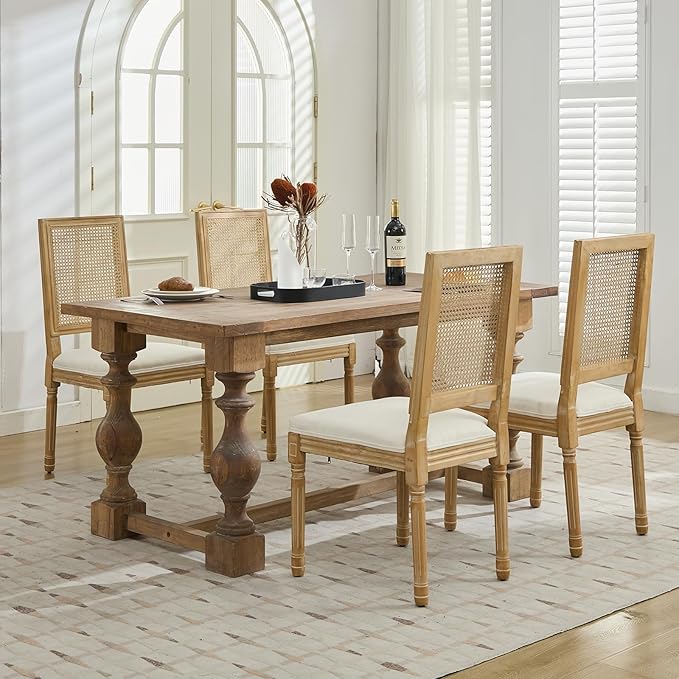 French Country Dining Chairs Set of 2, Cream Kitchen & Dining Room Chairs Set of 2, Ivory Rattan Dining Chairs, Cane High Back, Wood Legs, Sillas De Comedor (Rattan, Beige, 2Pcs)