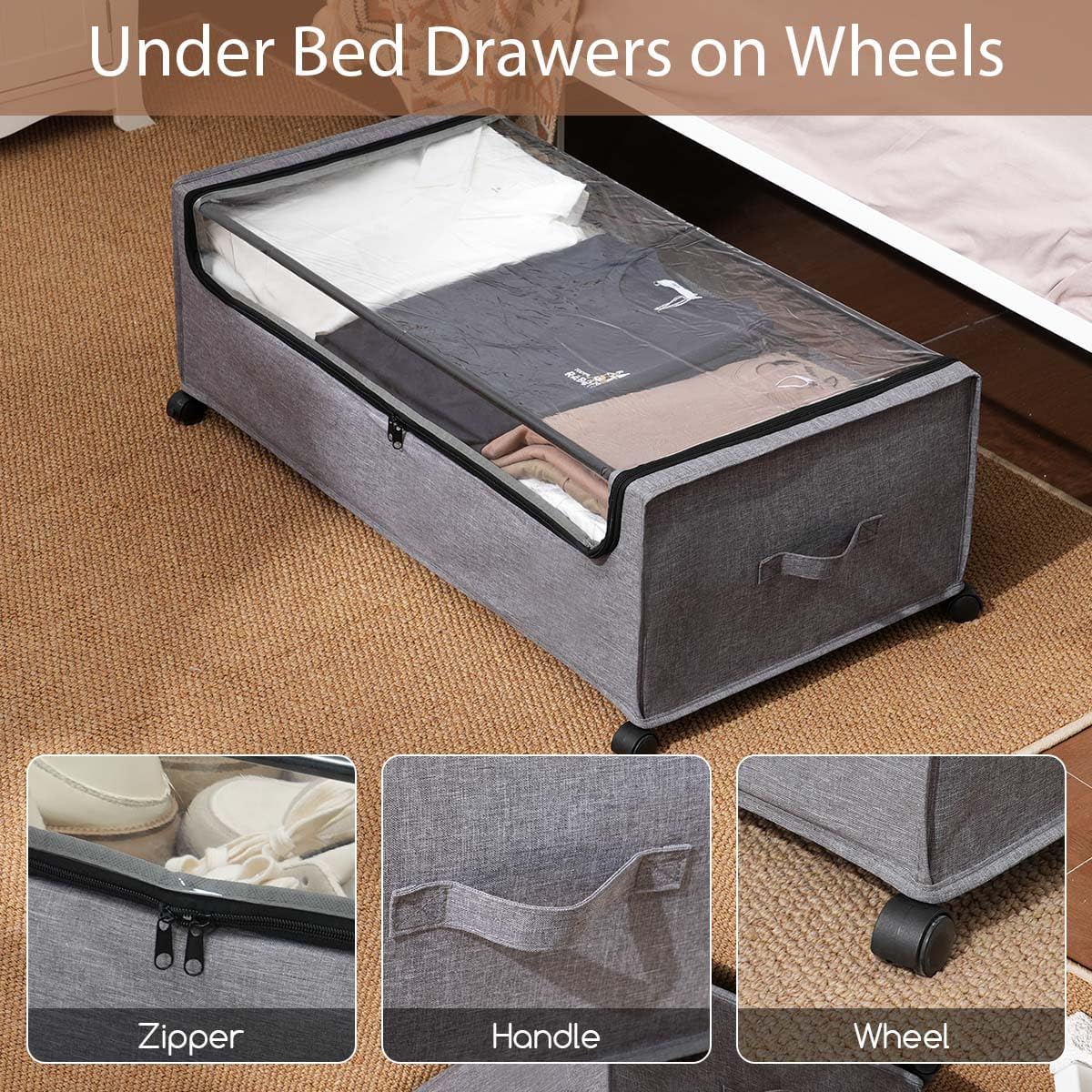 4-Packs Under Bed Storage with Wheels, Under The Bed Storage Drawers On Wheels, Rolling Underbed Drawers, Lockable, Heavy Duty, XXXXL Size 90L