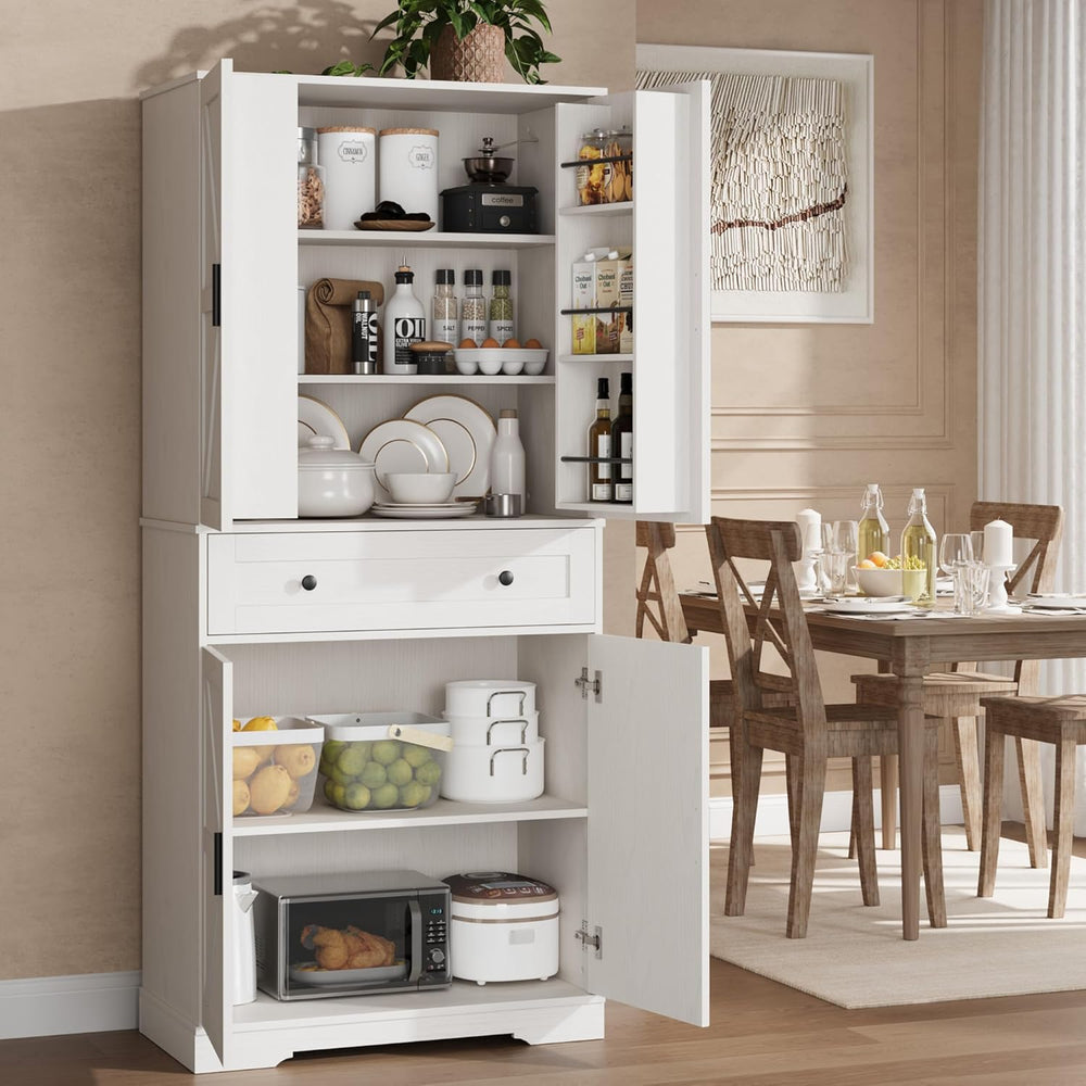 Garvee 71" Kitchen Pantry Cabinet, Barn Door Freestanding Cupboard with ...