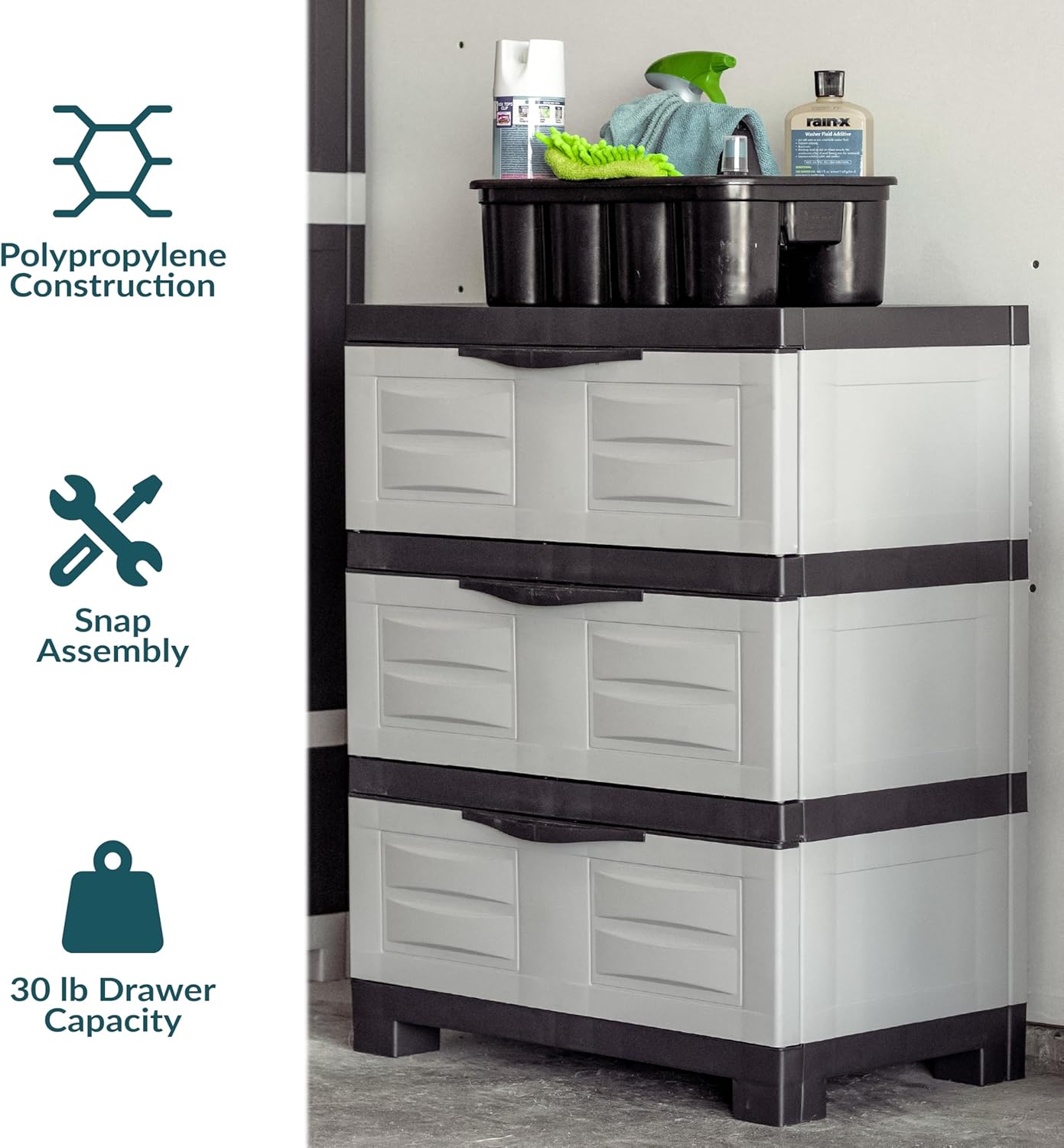 Sunnydaze 3-Tier Storage Cabinet with Drawers - Indoor or Garage Plastic Storage Drawers Organizer - 29.5" H - Garage, Office, Home, Laundry Room - Gray w/Charcoal Trim