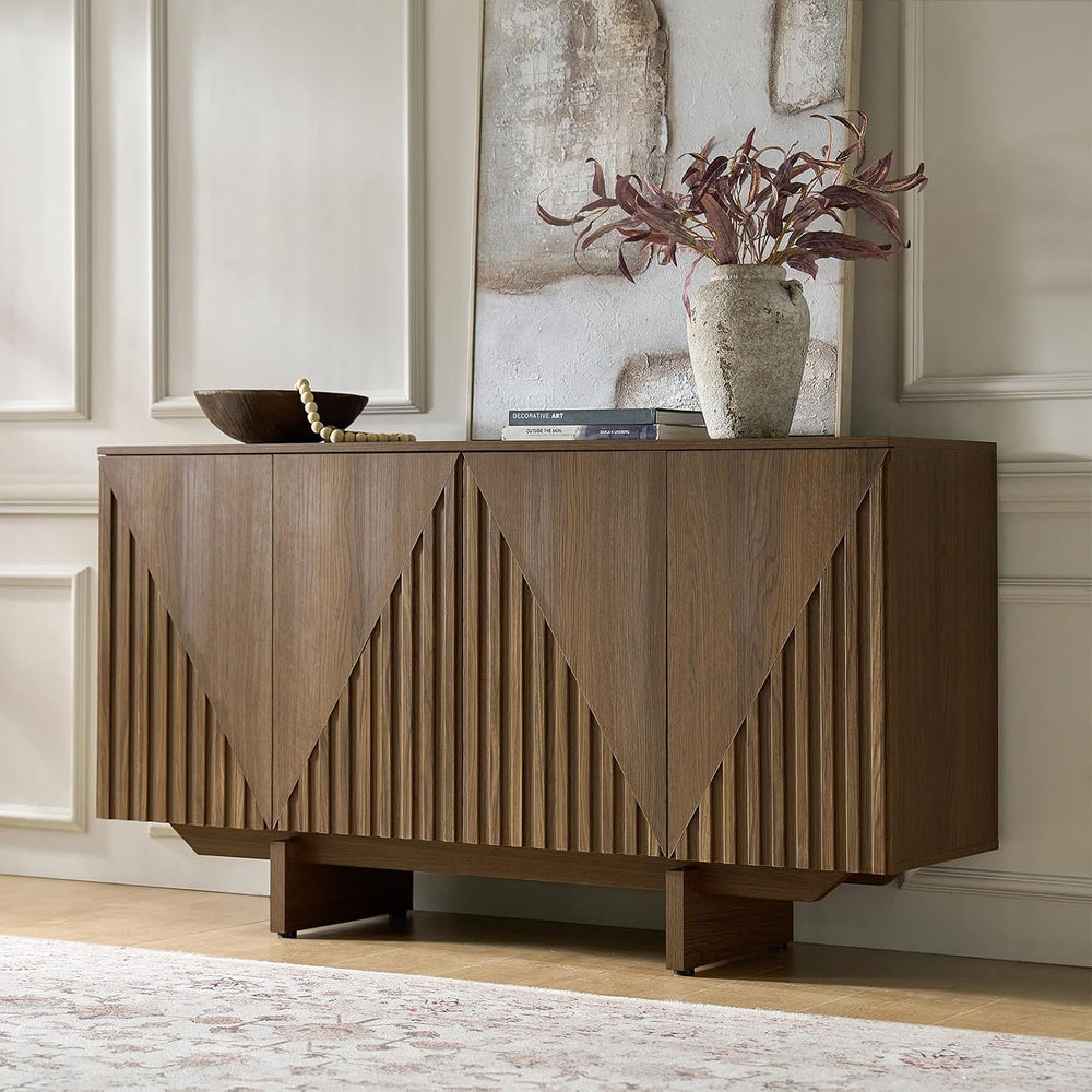 HULALA HOME Mid Century Modern Solid Wood Sideboard with Triangle, 4 Door Flu...