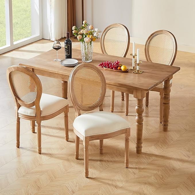 Nrizc Farmhouse Fabric Dining Room Chairs Set of 6, French Chairs with Round Back, Woven Rattan Dining Chair, Oval Side Chair for Dining Room/Kitchen/Restaurant