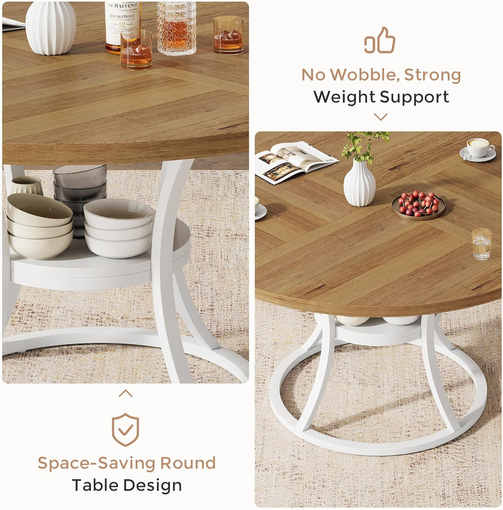 47'' Round Dining Table for 4-6, Farmhouse Dining Room Table with Sto...