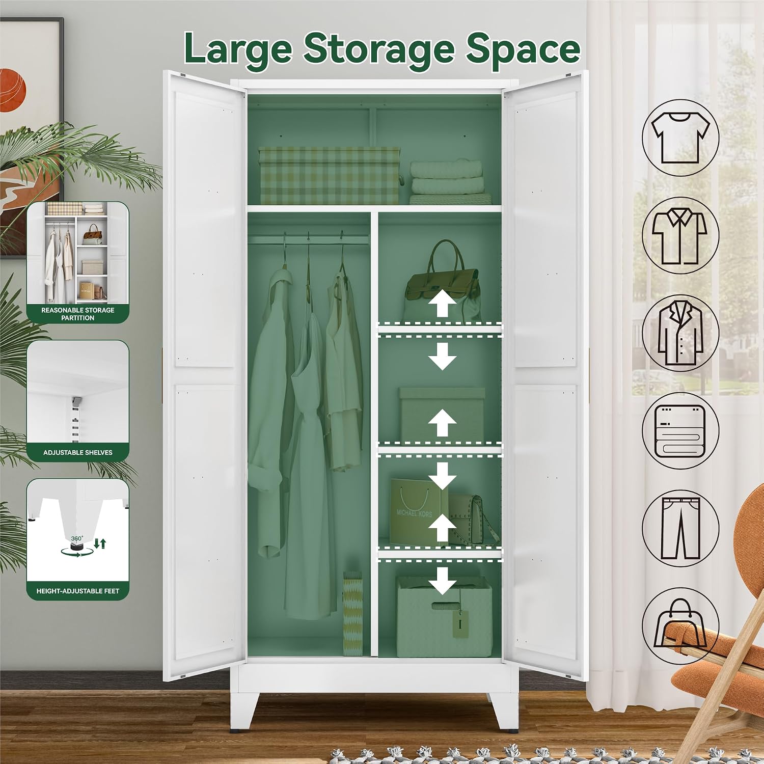 Metal Combination Cabinet, Tall Closet Storage Cabinet with 4 Shelves, Farmhouse Wardrobe Closet with Doors and Hanging Rod for Laundry Mudroom Office Bedroom