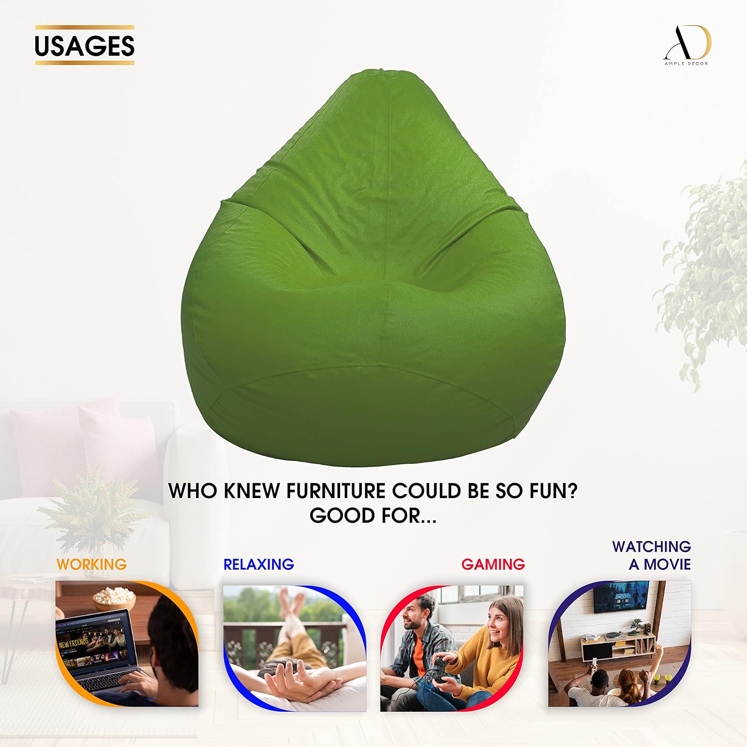 Ample Decor Bean Bag Cover (Filler Not Included), Plush Toys Storage Soft Leatherette, Durable Construction Sturdy Zipper, Ideal for Children and Teenagers - Green