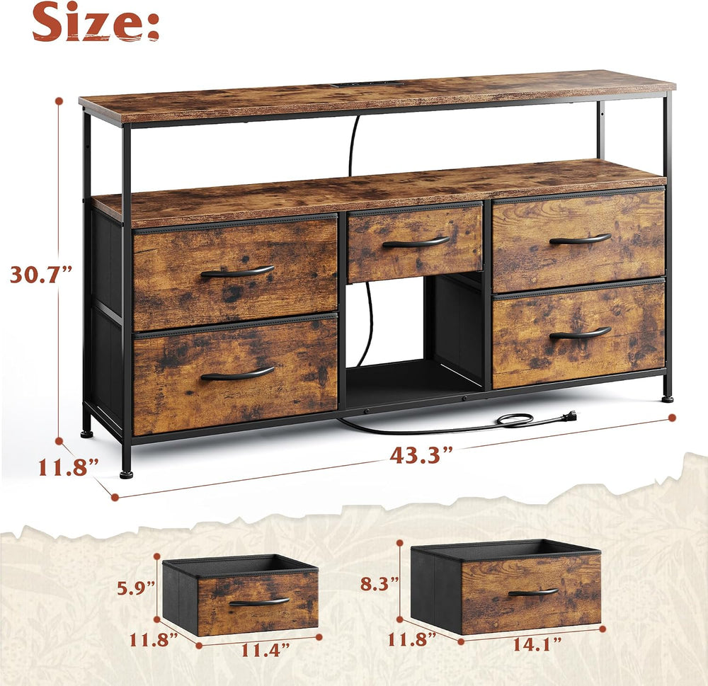 EnHomee TV Stand for Bedroom with LED & Outlets, 5-Drawer Storage, Brown ...