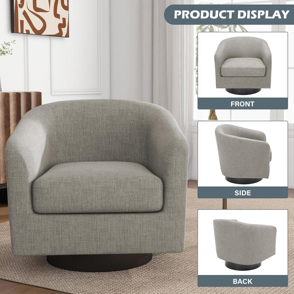 Swivel Accent Chairs Set of 2, Fabric Barrel Armchair, Khaki | Modern Upholstered Club Chair | Comfy Reading Seat with Removable Cushion | For Living Room, Bedroom, Office