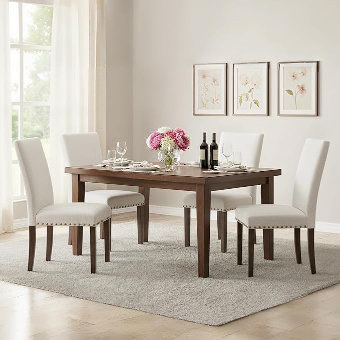 Furniliving Dining Chairs Set of 4 - Line Fabric Modern Farmhouse Kitchen Chairs, High-Back Upholstered Dining Room Chairs with Wooden Legs for Kitchen Dining Room Living Room.White