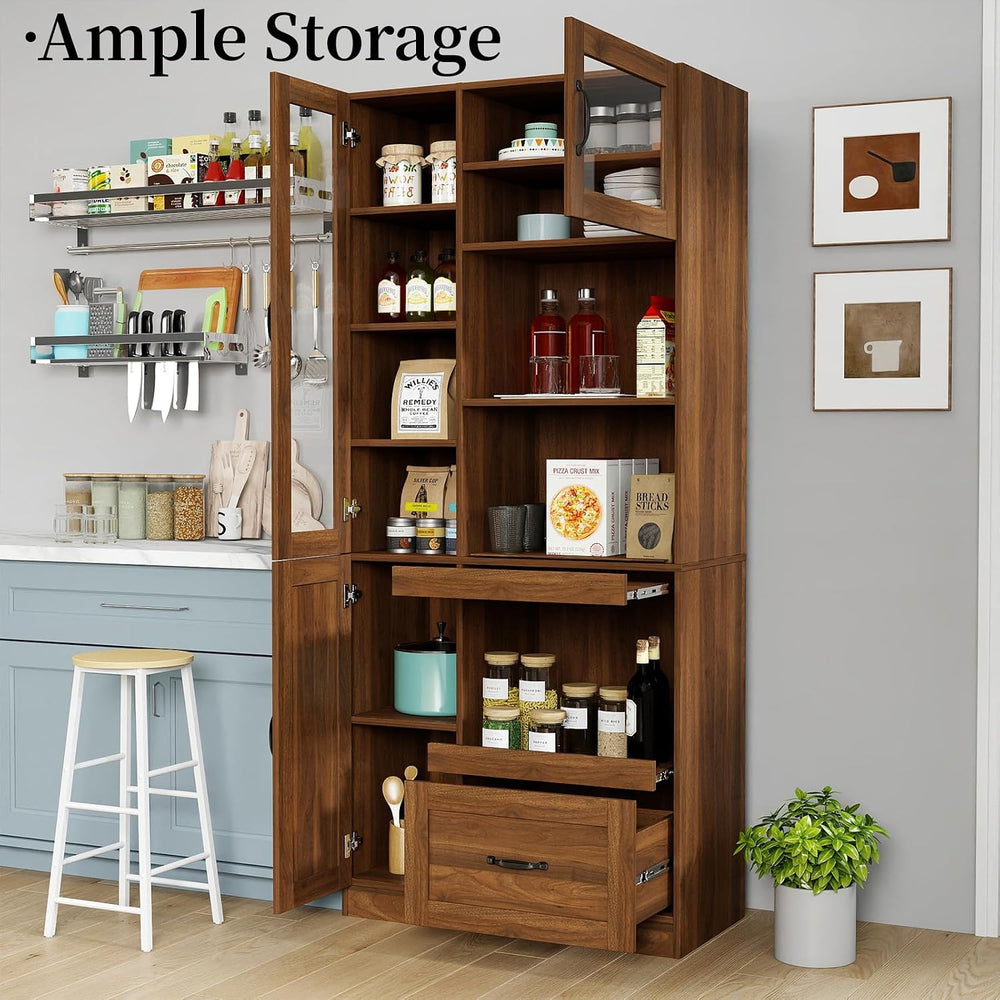 JOYSOURCE Tall Kitchen Hutch Cabinet with Pull-Out Shelves, Storage Drawer, G...
