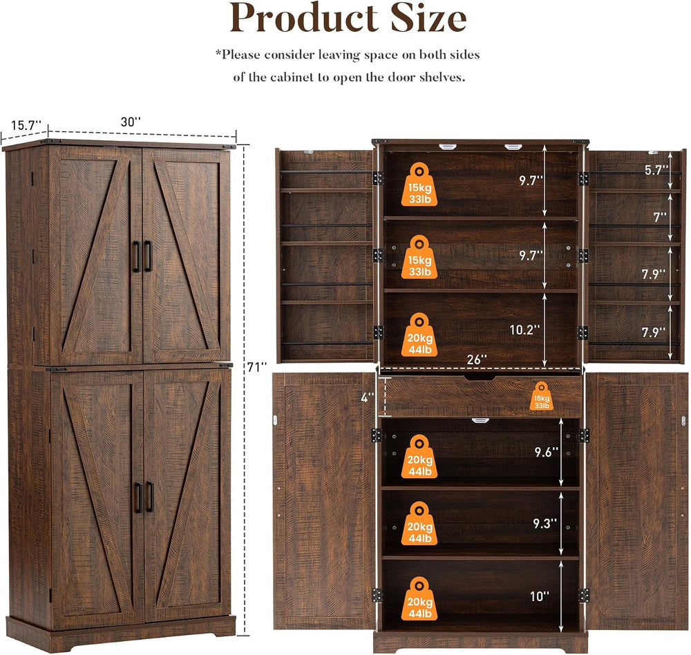 HOMPUS 71" Tall Kitchen Pantry Cabinet with Doors and Drawer, Farmhouse ...