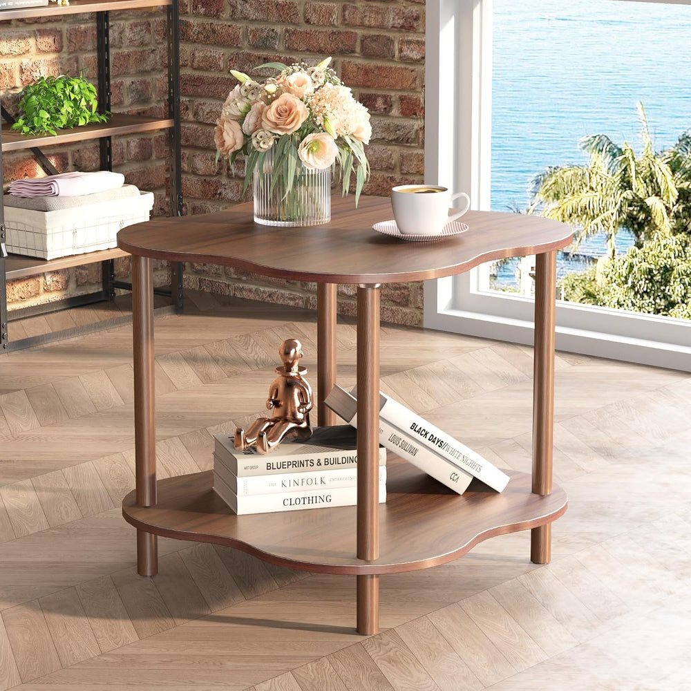 Wood End Side Table with Storage Shelf, 2-Tier Flower Shaped Coffee Table for...
