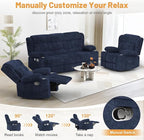 Loveseat Recliner Sofa Set, Flip Middle Backrest Design 3 Seater Reclining Sofa and 2PC Single Oversized Recliner Chair, Manual Couches for Living Room/RV (Blue, 3+1+1)