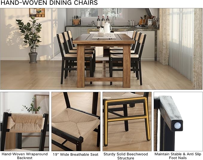 Mid Century Modern Rattan Dining Chairs Set of 2 Black Beechwood Kitchen Chairs Farmhouse Woven Dining Room Chairs Armless Boho Cane Wicker Chair Wooden Dining Chairs with Weave Hemp Seat and Backrest
