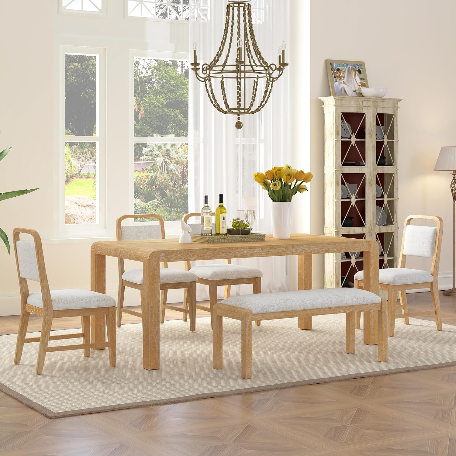 LUMISOL 6-Piece Solid Wood Dining Table Set, Extendable Kitchen Table Set for 4-6 with 4 Upholstered Chairs and 1 Bench for Kitchen, Dining Room, Living Room, Natural