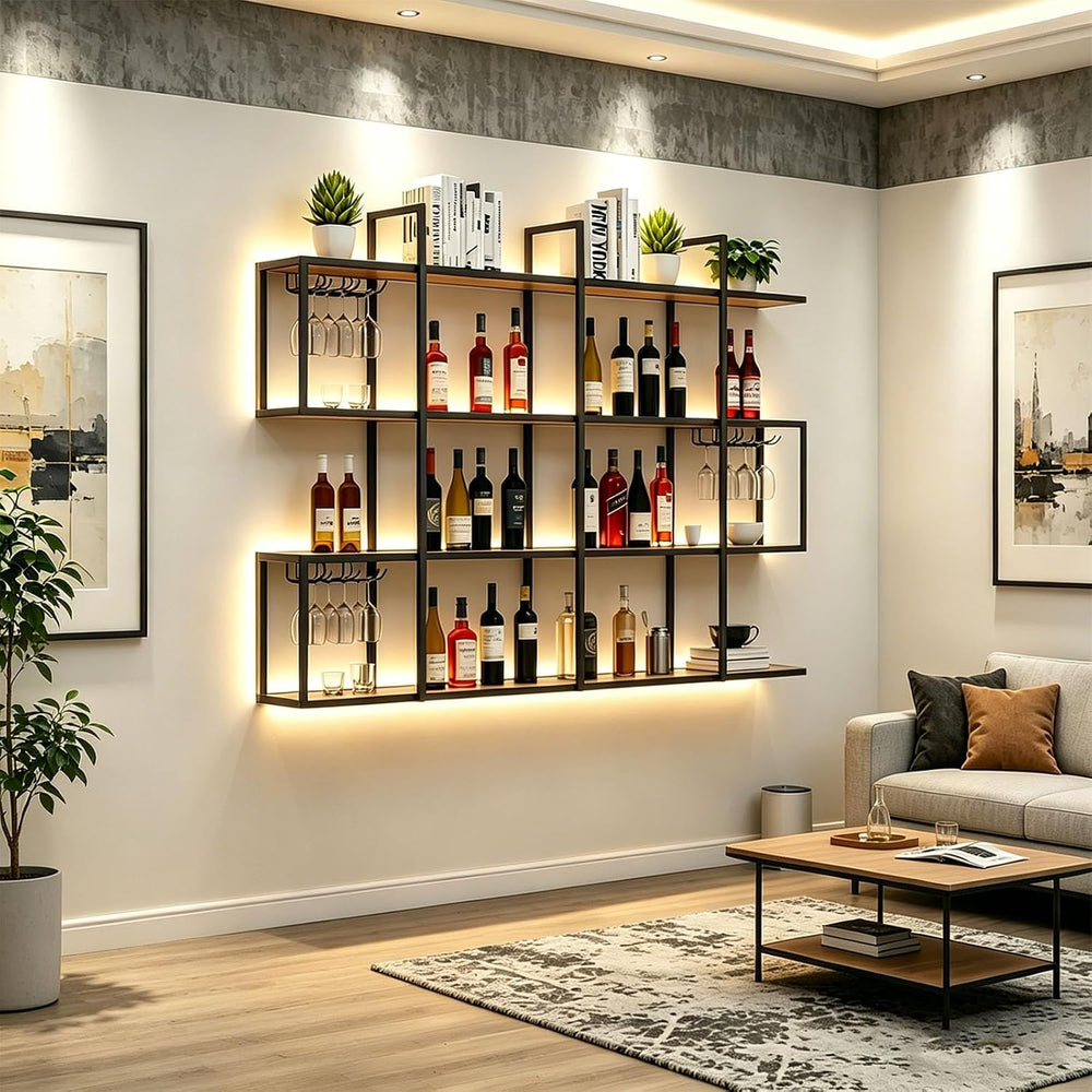 4-Tier Wall Mounted Wine Rack with LED Light, Glass Holder (120cm/47.3in) | 2...