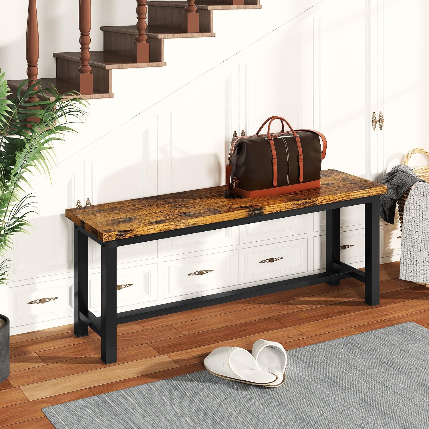 AWQM Table Bench, Pair of 2, Dining Bench, Thickened Steel Frame, Wood Bench, Industrial Style, for Kitchen and Dining Room, 12''Dx38.5''Wx17''H, Rustic Brown